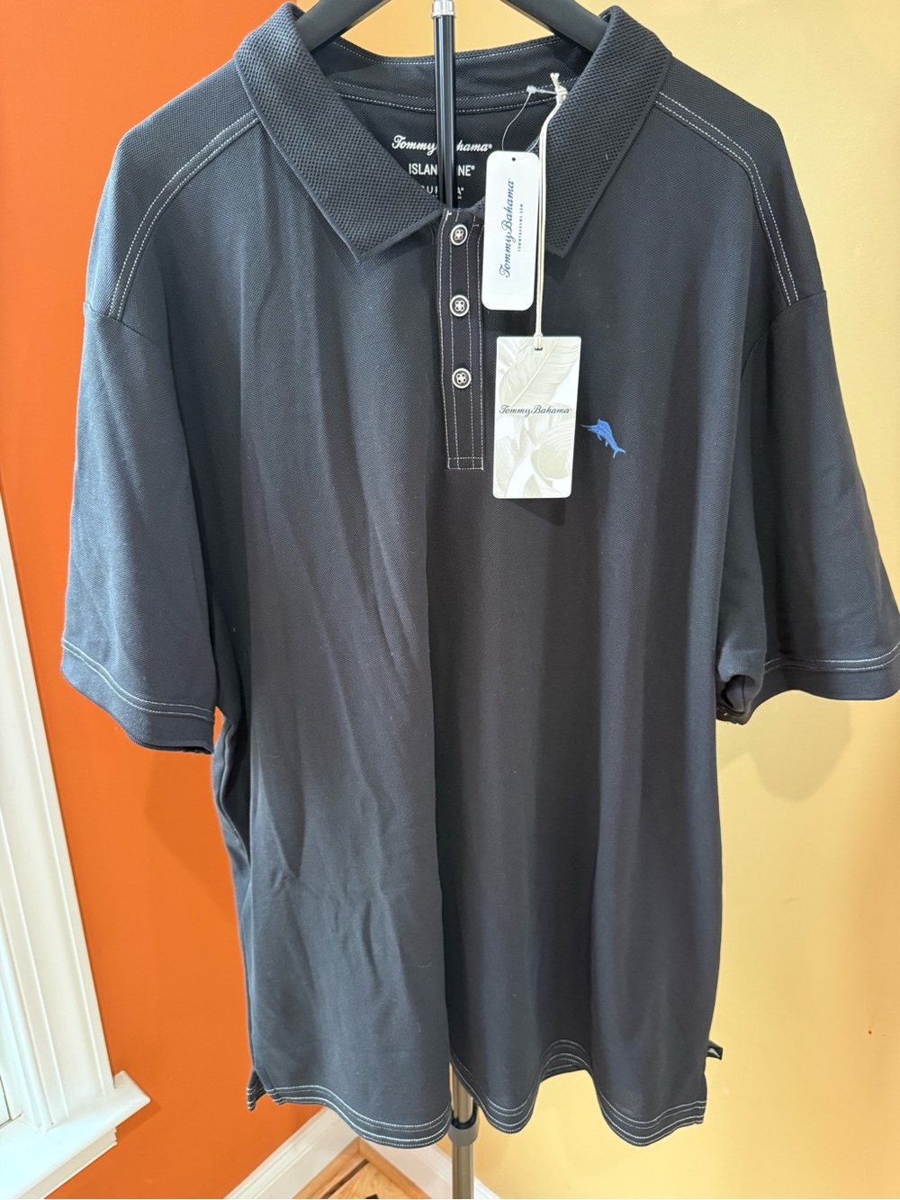 Tommy Bahama Black Short-Sleeve Polo with Blue Marlin Logo
